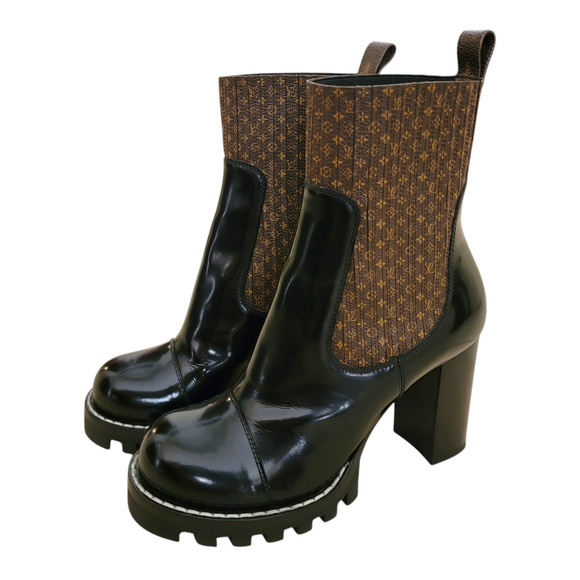 Louis Vuitton Glossy Black and Textured Brown Booties - Picture 8 of 15